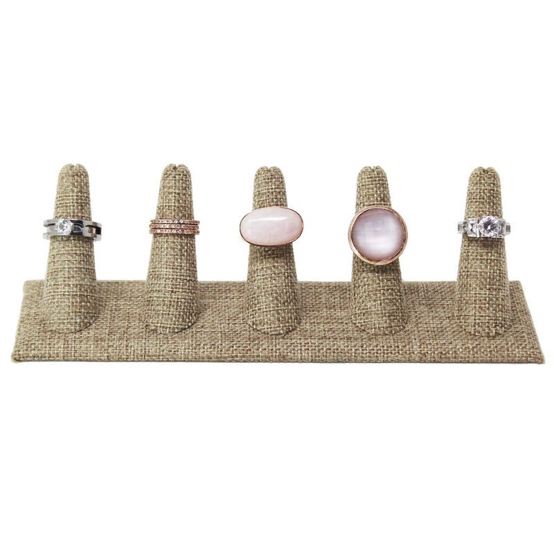 MOOCA 2 Pcs Set Ring Organizer for Showcase Display Drawer 5 Long Ring Storage Holder Jewelry Display Stands Showcase Jewelry Storage Counter, Burlap, 8 W x 2 1/8 D x 2 1/2 H in - Image 3